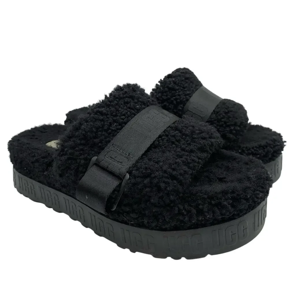 UGG Fluffita Platform Sheepskin Slipper Black Size 9/9.5 Lounge Travel Fuzzy‎ - Picture 2 of 11
